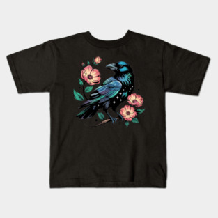 Celestial Raven with Starry Feathers and Blossoms Kids T-Shirt