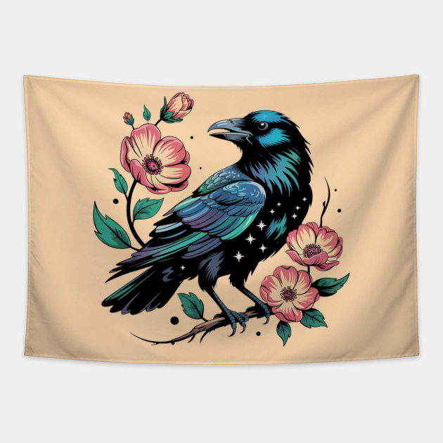 Celestial Raven with Starry Feathers and Blossoms Tapestry by BirdsnStuff