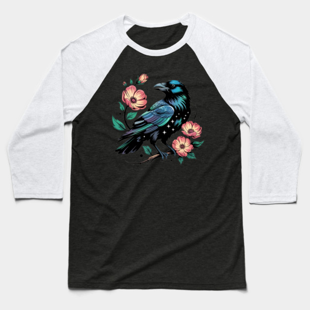 Celestial Raven with Starry Feathers and Blossoms Baseball T-Shirt by BirdsnStuff