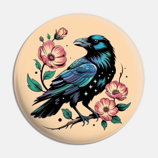 Celestial Raven with Starry Feathers and Blossoms Pin by BirdsnStuff