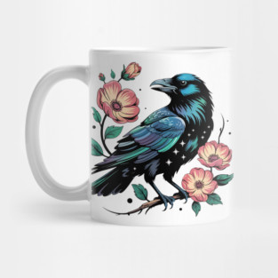 Celestial Raven with Starry Feathers and Blossoms Mug