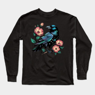 Celestial Raven with Starry Feathers and Blossoms Long Sleeve T-Shirt