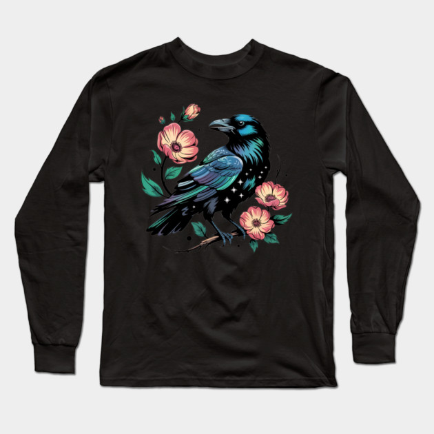 Celestial Raven with Starry Feathers and Blossoms Long Sleeve T-Shirt by BirdsnStuff