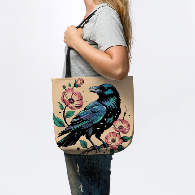 Celestial Raven with Starry Feathers and Blossoms by BirdsnStuff