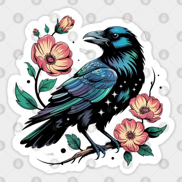Celestial Raven with Starry Feathers and Blossoms Sticker by BirdsnStuff
