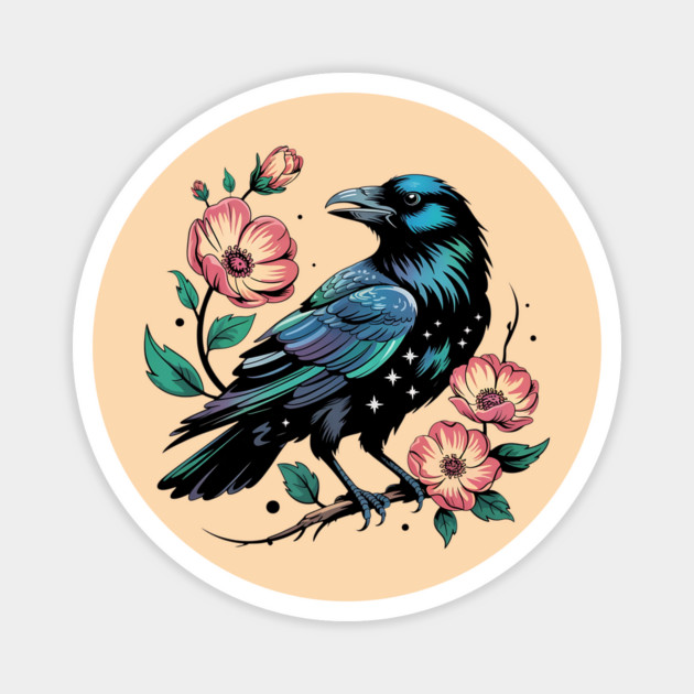 Celestial Raven with Starry Feathers and Blossoms Magnet by BirdsnStuff