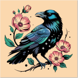 Celestial Raven with Starry Feathers and Blossoms Posters and Art