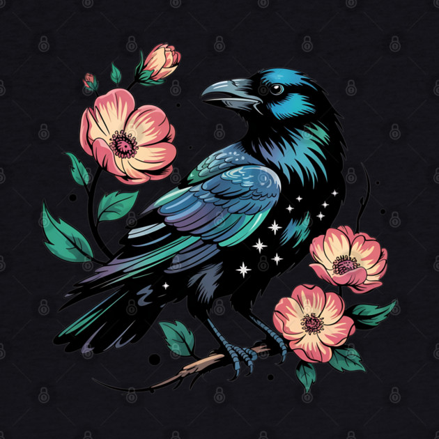 Celestial Raven with Starry Feathers and Blossoms by BirdsnStuff