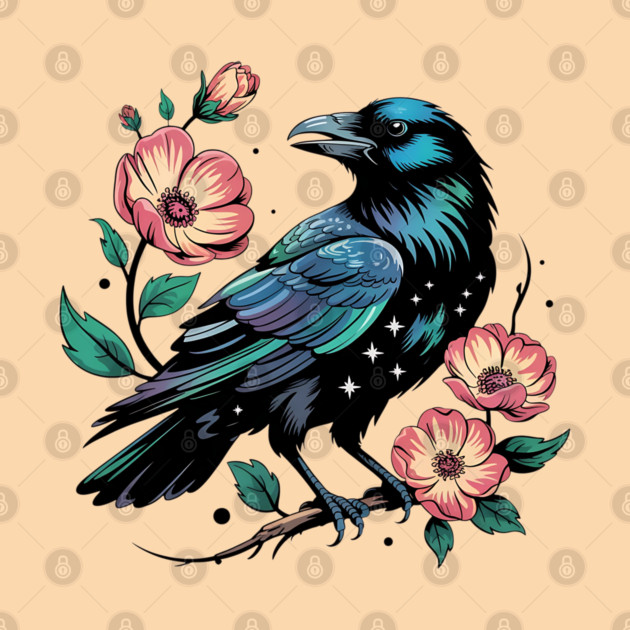 Celestial Raven with Starry Feathers and Blossoms by BirdsnStuff