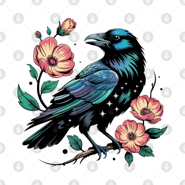 Celestial Raven with Starry Feathers and Blossoms by BirdsnStuff