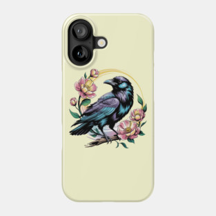 Mystical Raven with Golden Halo and Blossoms Phone Case