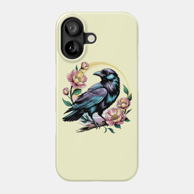 Mystical Raven with Golden Halo and Blossoms Phone Case by BirdsnStuff