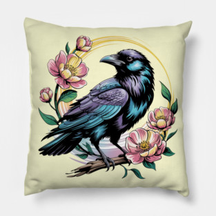 Mystical Raven with Golden Halo and Blossoms Pillow