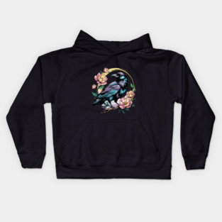 Mystical Raven with Golden Halo and Blossoms Kids Hoodie