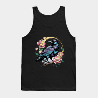 Mystical Raven with Golden Halo and Blossoms Tank Top