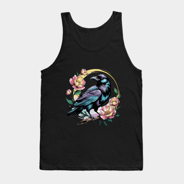 Mystical Raven with Golden Halo and Blossoms Tank Top by BirdsnStuff