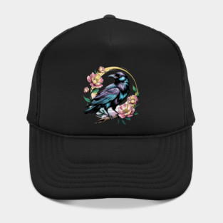 Mystical Raven with Golden Halo and Blossoms Hat