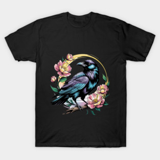 Mystical Raven with Golden Halo and Blossoms T-Shirt