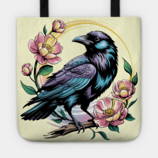 Mystical Raven with Golden Halo and Blossoms Tote