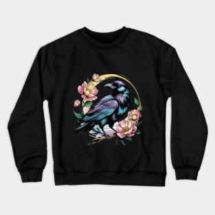 Mystical Raven with Golden Halo and Blossoms Crewneck Sweatshirt