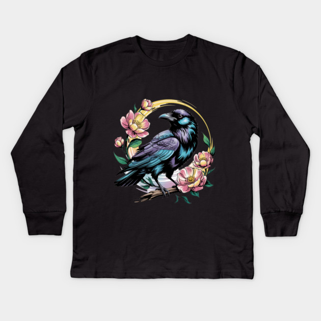 Mystical Raven with Golden Halo and Blossoms Kids Long Sleeve T-Shirt by BirdsnStuff
