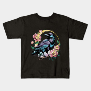 Mystical Raven with Golden Halo and Blossoms Kids T-Shirt