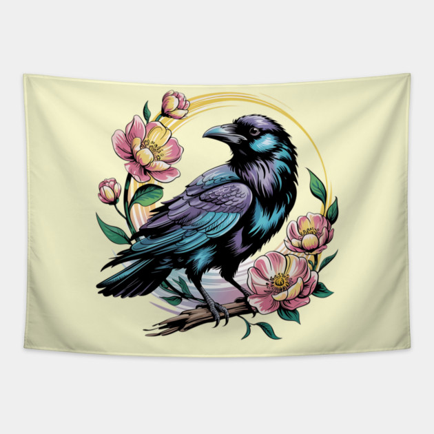 Mystical Raven with Golden Halo and Blossoms Tapestry by BirdsnStuff