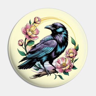 Mystical Raven with Golden Halo and Blossoms Pin