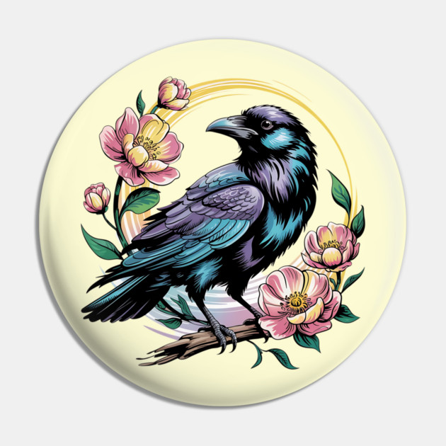 Mystical Raven with Golden Halo and Blossoms Pin by BirdsnStuff