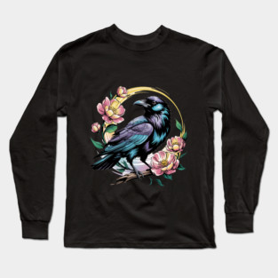 Mystical Raven with Golden Halo and Blossoms Long Sleeve T-Shirt