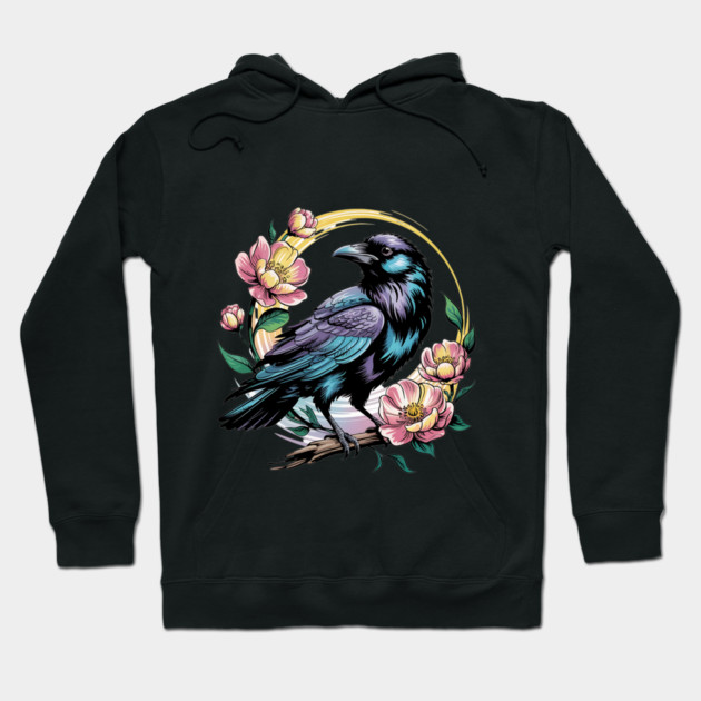 Mystical Raven with Golden Halo and Blossoms Hoodie by BirdsnStuff