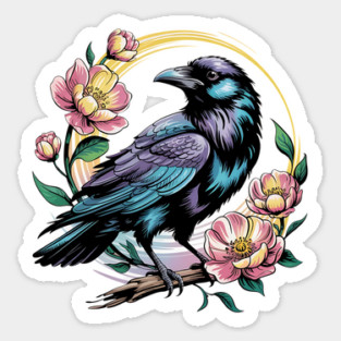 Mystical Raven with Golden Halo and Blossoms Sticker