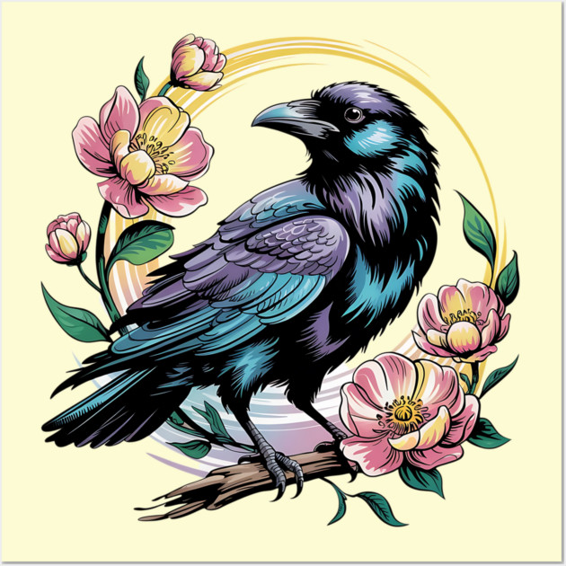 Mystical Raven with Golden Halo and Blossoms Wall Art by BirdsnStuff