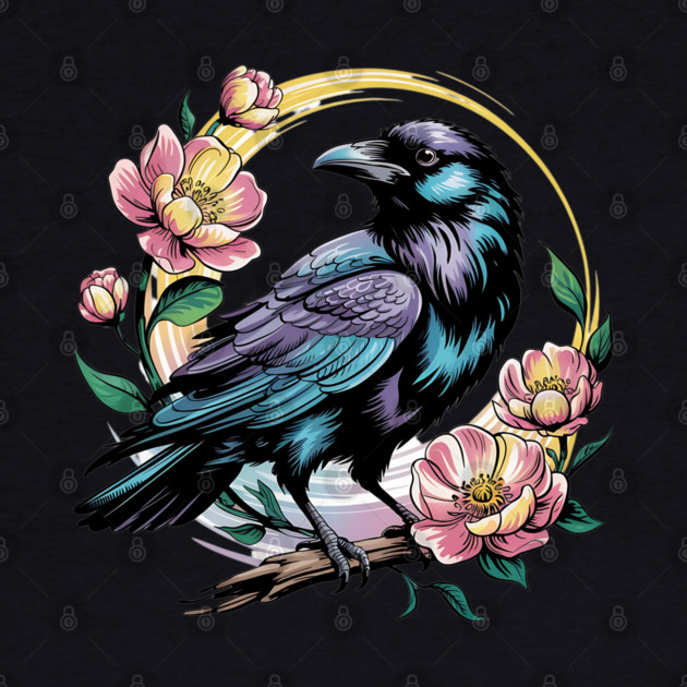 Mystical Raven with Golden Halo and Blossoms by BirdsnStuff