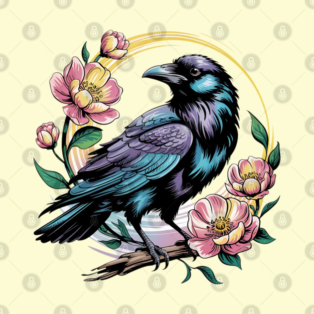 Mystical Raven with Golden Halo and Blossoms by BirdsnStuff