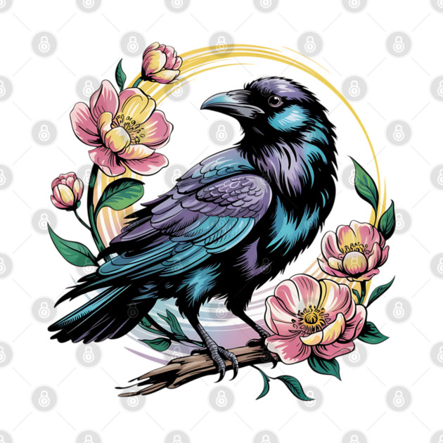 Mystical Raven with Golden Halo and Blossoms by BirdsnStuff