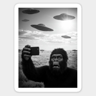 Funny Scared Bigfoot Selfie with UFOs in African Savanna Sticker
