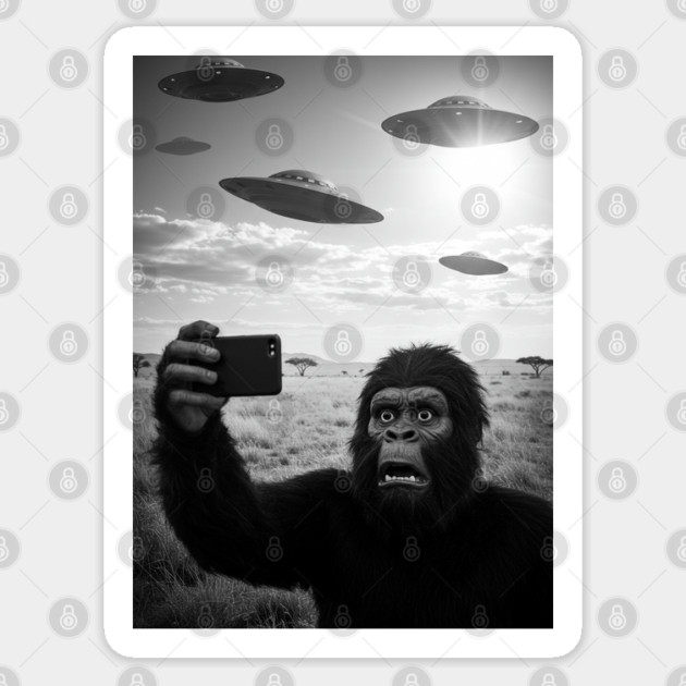 Funny Scared Bigfoot Selfie with UFOs in African Savanna Sticker by Megadorim
