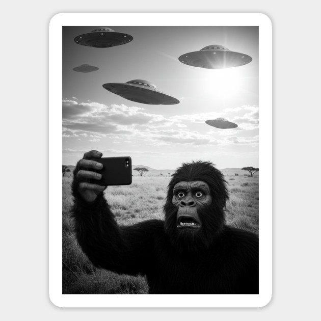 Funny Scared Bigfoot Selfie with UFOs in African Savanna Magnet by Megadorim