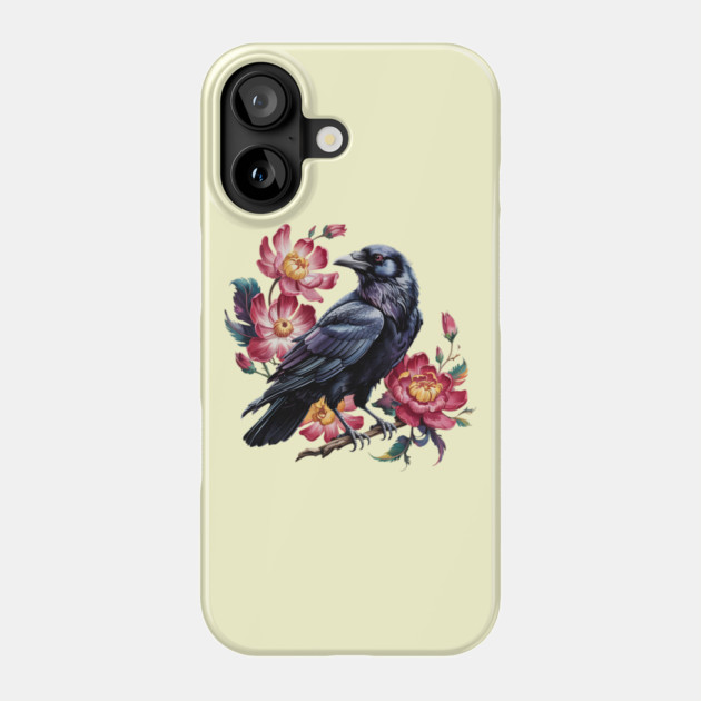 Elegant Raven with Crimson Garden Blooms Phone Case by BirdsnStuff