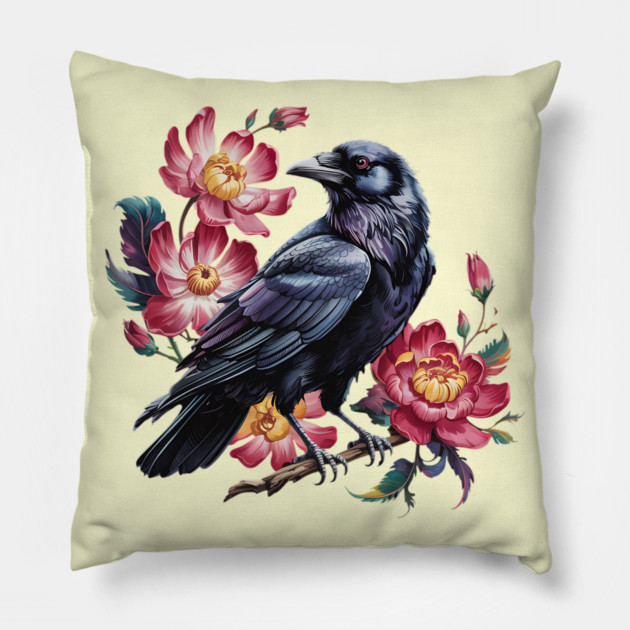 Elegant Raven with Crimson Garden Blooms Pillow by BirdsnStuff