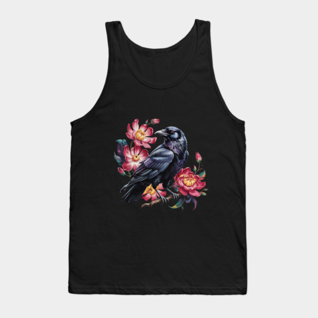 Elegant Raven with Crimson Garden Blooms Tank Top by BirdsnStuff