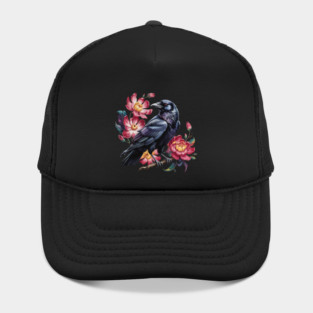 Elegant Raven with Crimson Garden Blooms Hat