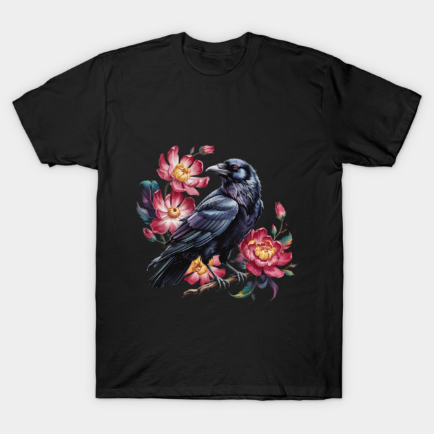 Elegant Raven with Crimson Garden Blooms T-Shirt by BirdsnStuff