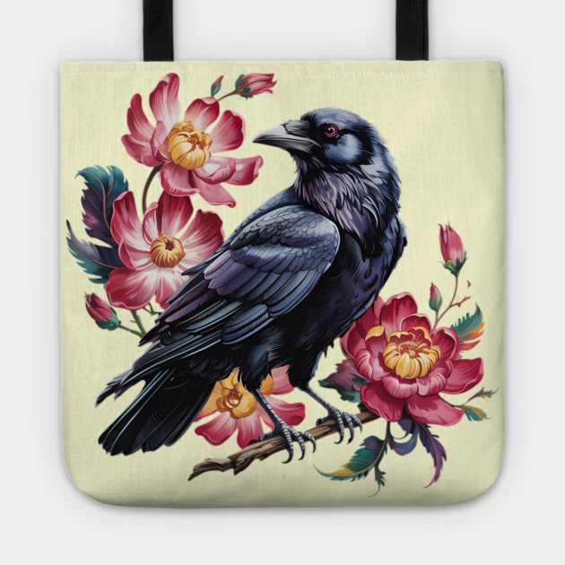 Elegant Raven with Crimson Garden Blooms Tote by BirdsnStuff