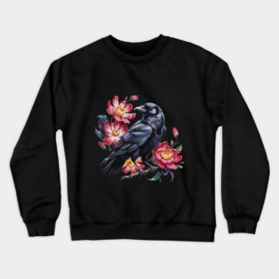 Elegant Raven with Crimson Garden Blooms Crewneck Sweatshirt