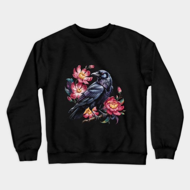 Elegant Raven with Crimson Garden Blooms Crewneck Sweatshirt by BirdsnStuff