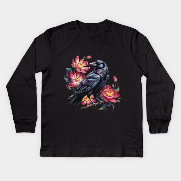 Elegant Raven with Crimson Garden Blooms Kids Long Sleeve T-Shirt by BirdsnStuff