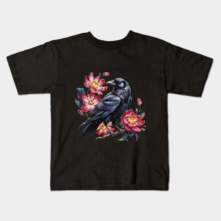 Elegant Raven with Crimson Garden Blooms Kids T-Shirt