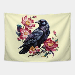 Elegant Raven with Crimson Garden Blooms Tapestry